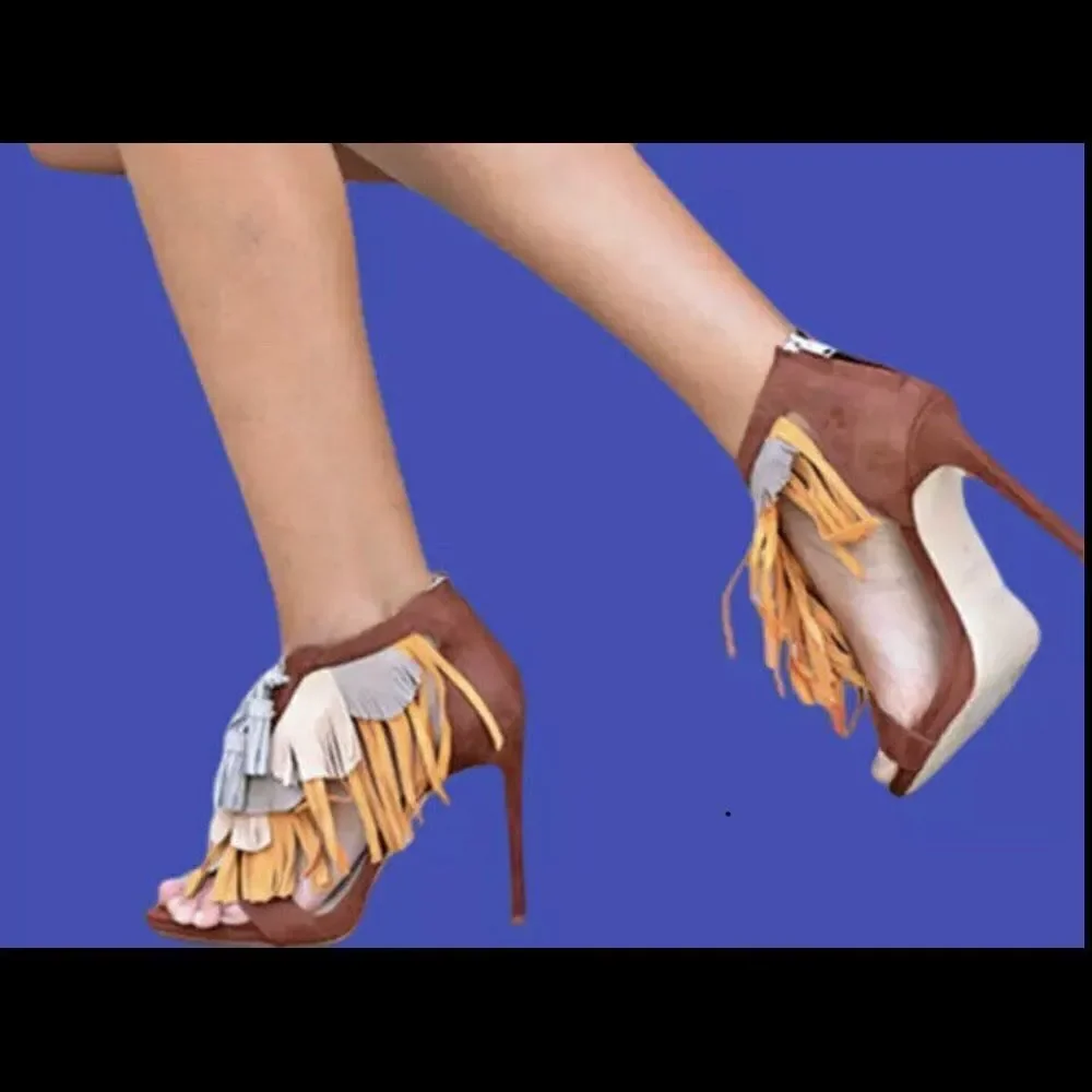NEW ZARA MULTICOLOR Tri-color FRINGE SANDAL HIGH HEELS size 39 / 8 BLOGGERS FAVE - Picture 10 of 11
